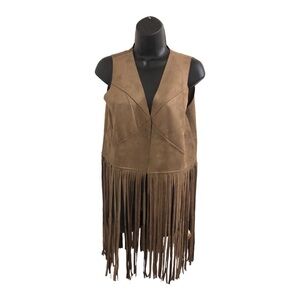 Sincerely Jules faux suede boho western brown fringe open front vest size small